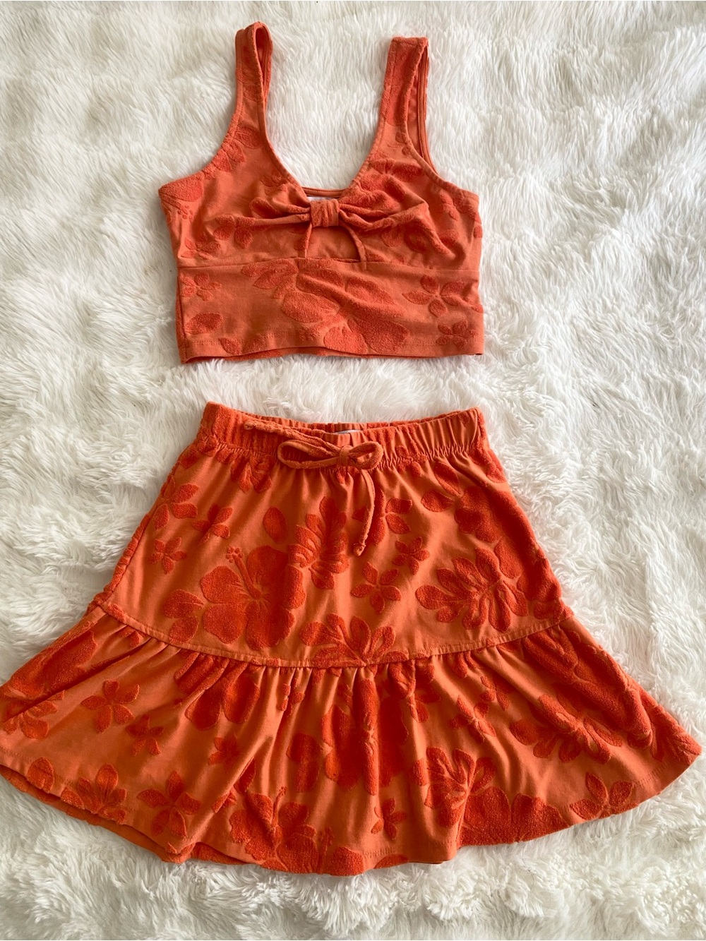 Orange Floral Two-Piece Crop Top & Skirt Set
